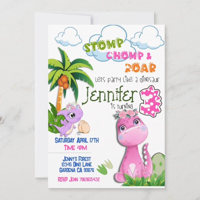 Dinosaur turning three birthday invitation (Front)