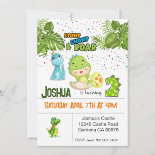 Dinosaur turning two birthday invitation
