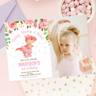 Dinosaur Tutu Ballerina Floral Photo Birthday Invitation