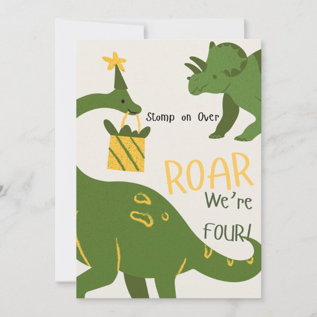 Dinosaur Twins 4th Birthday Invitations (Front)
