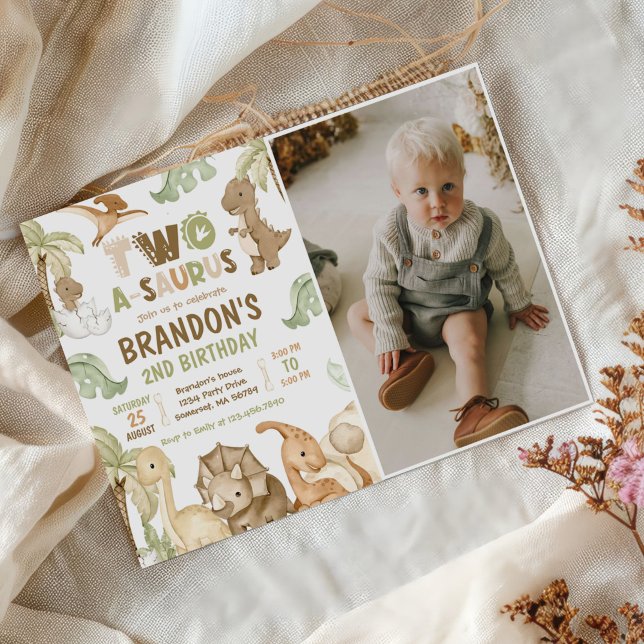Dinosaur Two-A-Saurus 2nd Birthday Party Photo Invitation (Creator Uploaded)