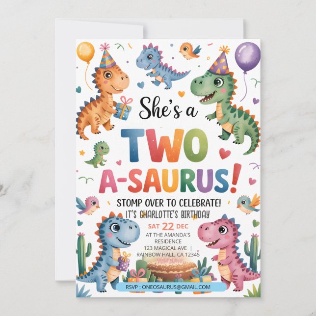 Dinosaur Two A-Saurus 2nd Birthday Party T-Rex Invitation (Front)