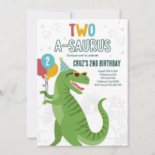 Dinosaur Two A-Saurus 2nd Birthday Party T-Rex  Invitation