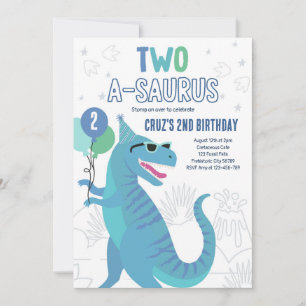 Dinosaur Two A-Saurus 2nd Birthday Party T-Rex  Invitation