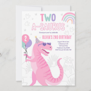 Dinosaur Two A-Saurus 2nd Birthday Party T-Rex  Invitation