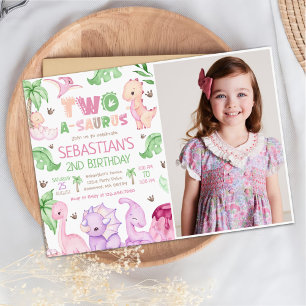 Dinosaur Two-A-Saurus Girl 2nd Birthday Photo Invitation