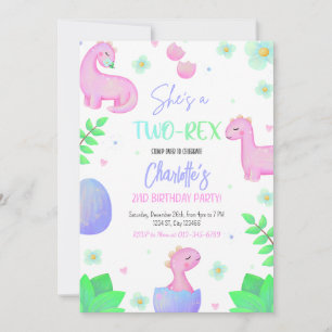 Dinosaur Two Rex 2nd Birthday Party Invitation