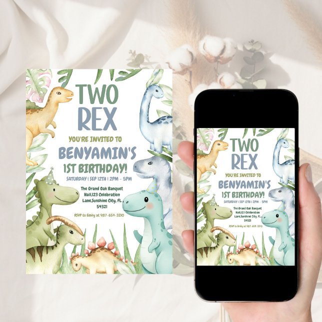 Dinosaur Two rex Boy 2st Birthday Party Invit Invitation (Creator Uploaded)