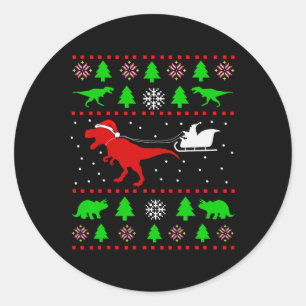 Dinosaur Ugly Christmas Sweater For Adults Kids  Classic Round Sticker