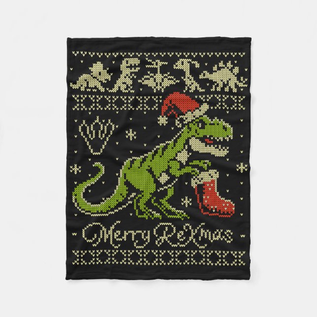 Dinosaur Ugly Christmas Sweater - Funny Christmas  Fleece Blanket (Front)