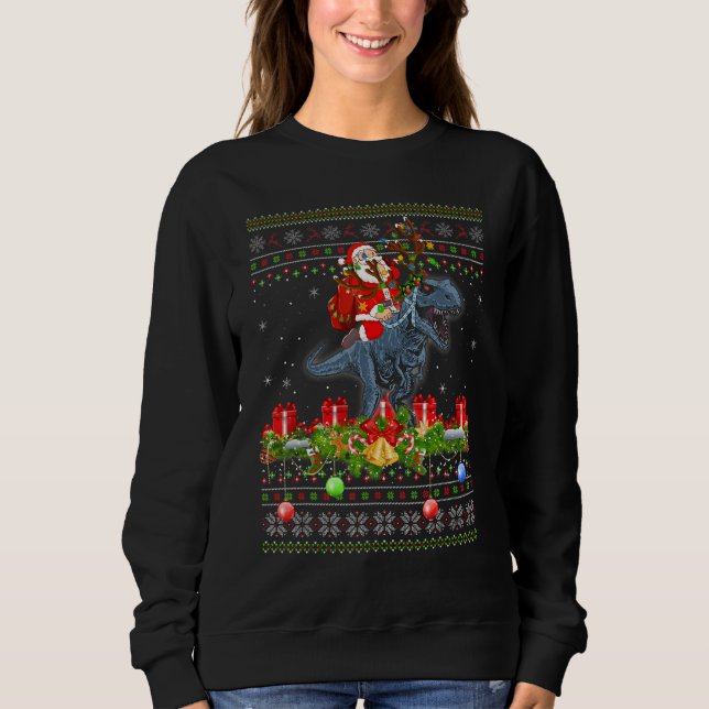 Dinosaur  Ugly Santa Riding Dinosaur Christmas Sweatshirt (Front)