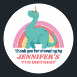 Dinosaur Unicorn and Rainbow Kids Birthday Party Classic Round Sticker<br><div class="desc">Cute party favours for kids,  boys or girls who love dinosaurs and t-rex. Perfect for kids birthday party,  party favours and thank you label. You can also customise the text for baby shower or other occasion and party.</div>