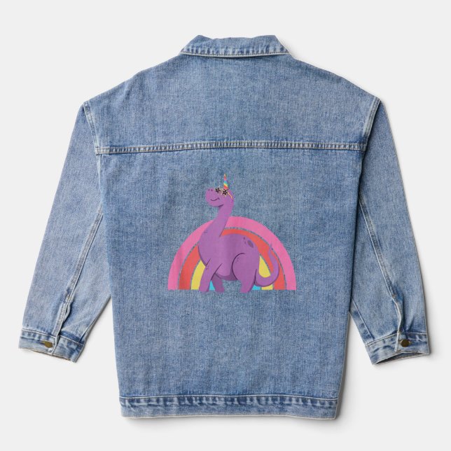 Dinosaur Unicorn Brontosaurus Rainbow Child Dino C Denim Jacket (Back)