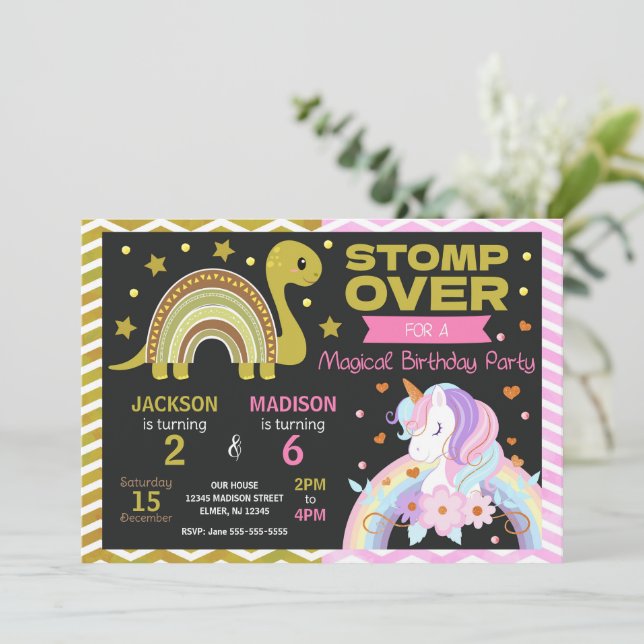 Dinosaur & Unicorn Joint Birthday Invitation (Standing Front)