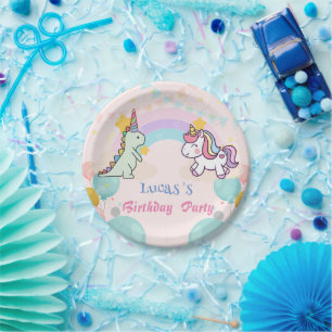 Dinosaur Unicorn rainbow gradient birthday party Paper Plate