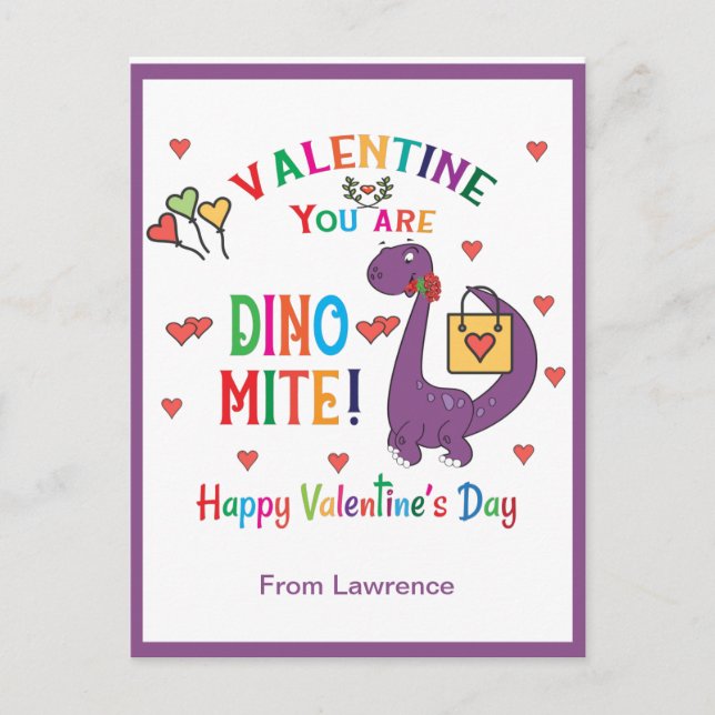 Dinosaur Valentine You are Dino-mite Classroom   Postcard (Front)