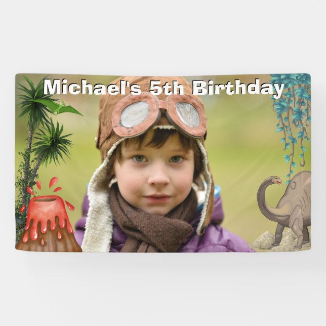 Dinosaur volcano prehistoric boys birthday photo banner (Horizontal)