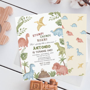 Dinosaur watercolor birthday party invitation