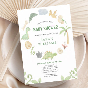 Dinosaur Watercolor Jungle Green Baby Shower Invitation
