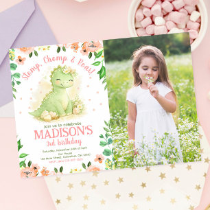 Dinosaur Watercolor Pink Floral Photo Birthday  Invitation
