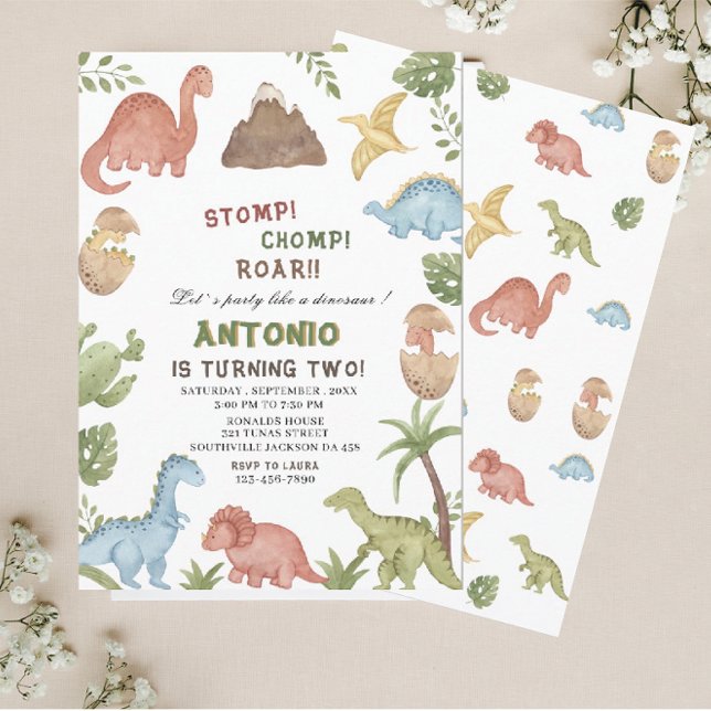 Dinosaur watercolor stomp chomp roar birthday part invitation (Creator Uploaded)
