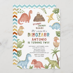 Dinosaur watercolor stomp chomp roar birthday part invitation
