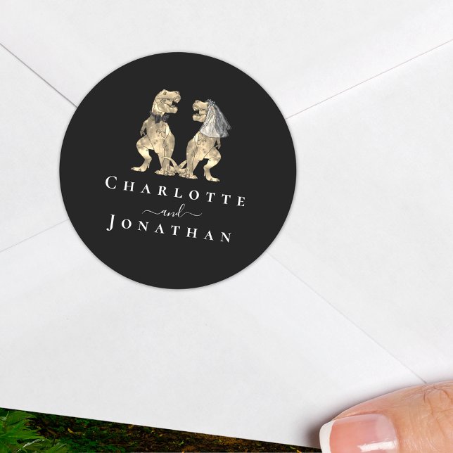 Dinosaur Wedding Black and White Personalised  Classic Round Sticker (dinosaur wedding black and white personalized sticker T-Rex dino bride and groom elegant modern )