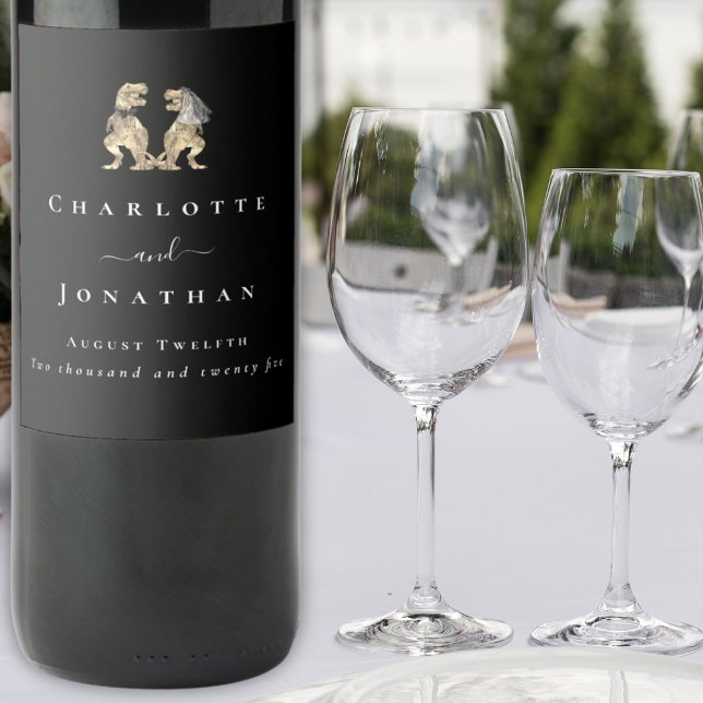 Dinosaur Wedding Black & White Personalised  Wine Label (Dinosaur wedding black & white personalized wine labels Cute T-Rex dino bride & groom elegant modern)