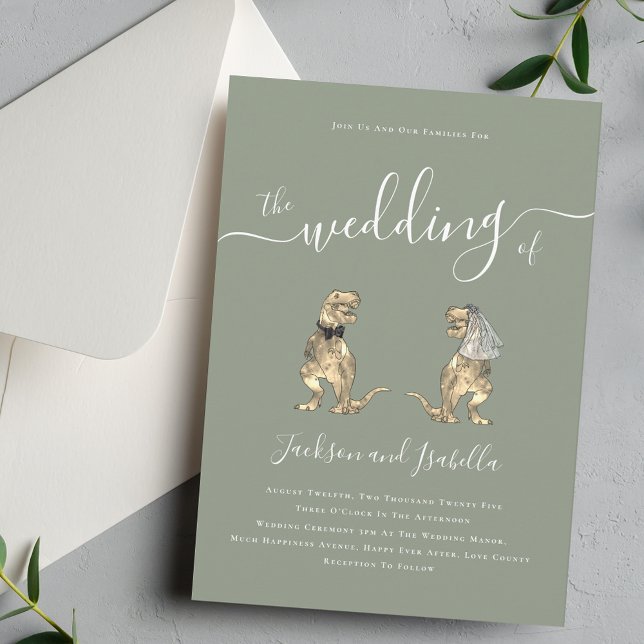 Dinosaur Wedding Boho Sage Green Invitation (Whimsical boho Dinosaur T-Rex bride and groom elegant sage green wedding invitation )