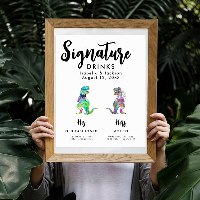 Dinosaur Wedding Bride and Groom Signature Drinks Poster (Dinosaur themed wedding custom signature drinks poster with funny colorful T-Rex bride and groom)
