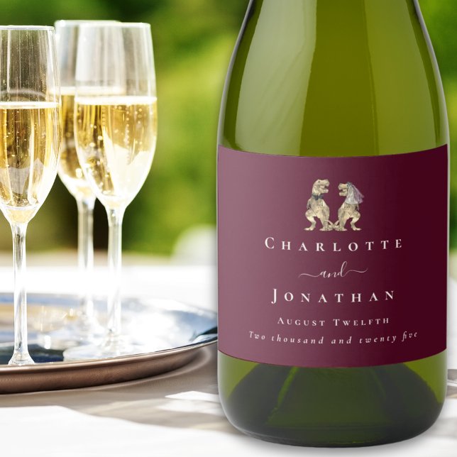 Dinosaur Wedding Burgundy & Cream Personalised Sparkling Wine Label (Dinosaur themed wedding T-Rex bride and groom burgundy & cream personalized wine labels Modern )