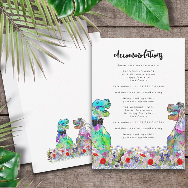 Dinosaur Wedding Colourful Floral Accommodations Enclosure Card (Dinosaur themed wedding accommodations invitation enclosure cards with T-Rex bride and groom floral)