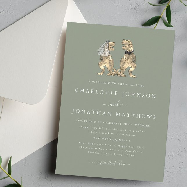 Dinosaur Wedding Elegant Sage Green Invitation (Simple Dinosaur T-Rex Bride and groom elegant simple sage greenery invitation wedding invitation )