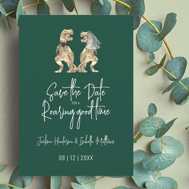 Dinosaur Wedding Funny T-Rex Bride and Groom Save The Date (Dinosaur T-Rex bride and groom watercolor dino wedding save the date dark green invitation)