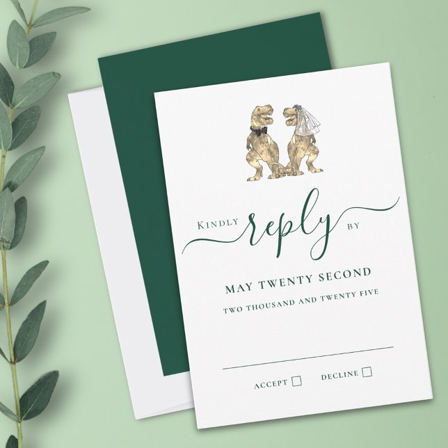 Dinosaur Wedding Green Reply RSVP Card (Dinosaur wedding invitation RSVP card dark green script T-Rex dino bride & groom)