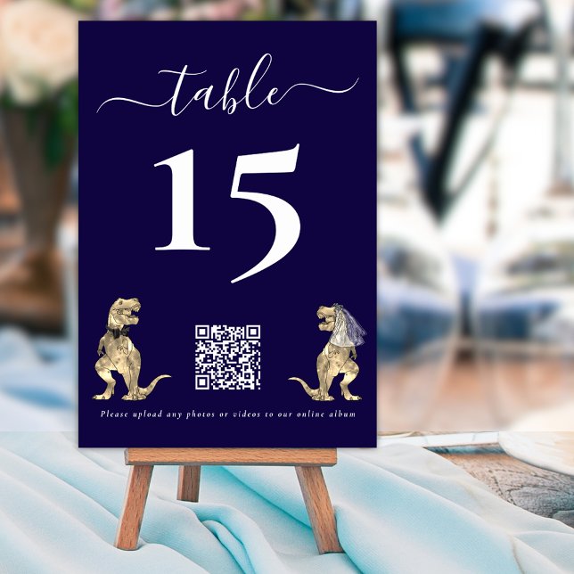 Dinosaur Wedding Navy Blue QR Code for Photos Table Number (Dinosaur wedding photo qr code upload elegant script navy blue and white custom table number card)