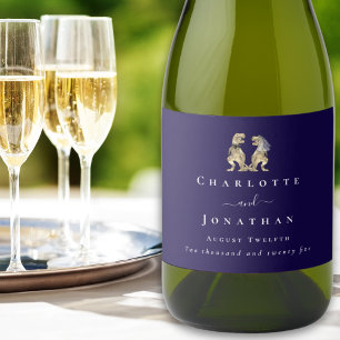 Dinosaur Wedding Navy Blue & White Custom Sparkling Wine Label