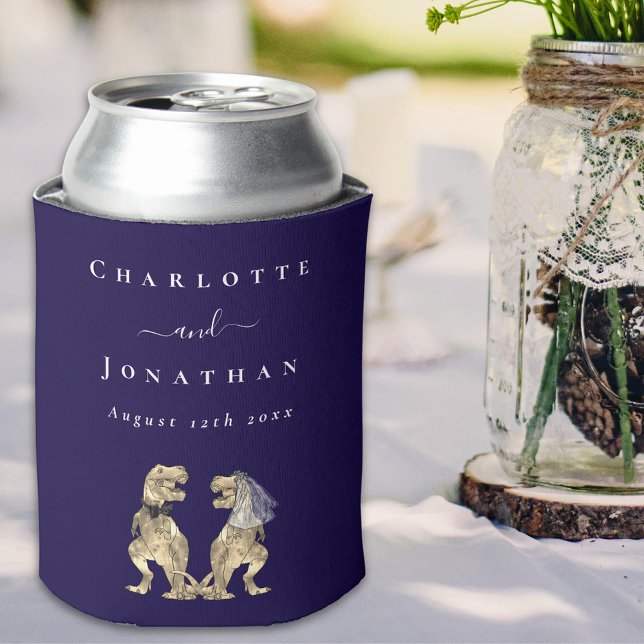 Dinosaur Wedding Navy Blue & White Personalised Can Cooler (Dinosaur wedding navy blue & white monogram personalized can cooler Funny T-Rex dino bride & groom)
