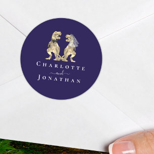 Dinosaur Wedding Navy Blue & White Personalised  Classic Round Sticker