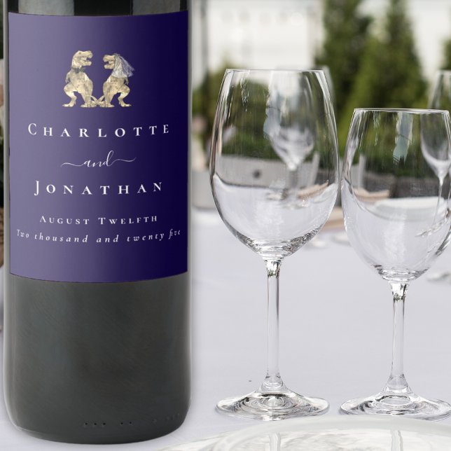 Dinosaur Wedding Navy Blue & White Personalised  Wine Label (Dinosaur wedding navy blue & white personalized wine labels T-Rex dino bride & groom elegant modern)