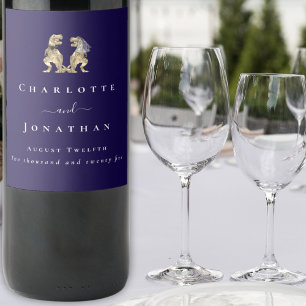 Dinosaur Wedding Navy Blue & White Personalized  Wine Label