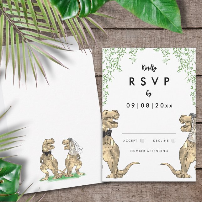 Dinosaur Wedding Reply RSVP Card (T-Rex bride and groom dinosaur themed wedding invitation RSVP enclosure card)