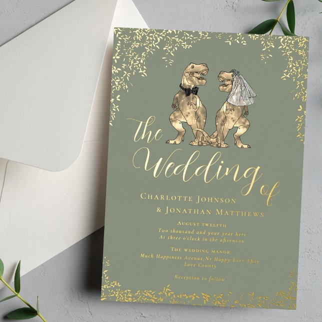 Dinosaur Wedding Sage Green and Gold (Elegant Dinosaur theme wedding sage green & gold foil eucalyptus foliage invitation T-Rex couple)
