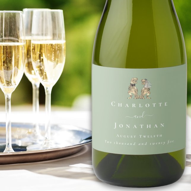 Dinosaur Wedding Sage Green & White Custom Sparkling Wine Label (Dinosaur themed wedding T-Rex bride and groom sage green & white personalized wine labels Elegant)