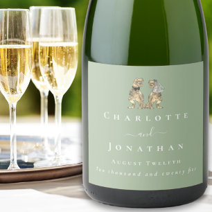 Dinosaur Wedding Sage Green & White Personalised  Sparkling Wine Label