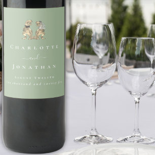 Dinosaur Wedding Sage Green & White Personalized Wine Label