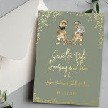 Dinosaur Wedding Save the Date Sage Green Gold<br><div class="desc">Announce your wedding in unforgettable style with this funny dinosaur “Save the Date” invitation in sage green and gold foil. Perfect for couples seeking a unique, whimsical wedding announcement, this eye-catching design blends humour with sophistication for a truly memorable first impression. Featuring a playful T-Rex bride and groom surrounded by...</div>