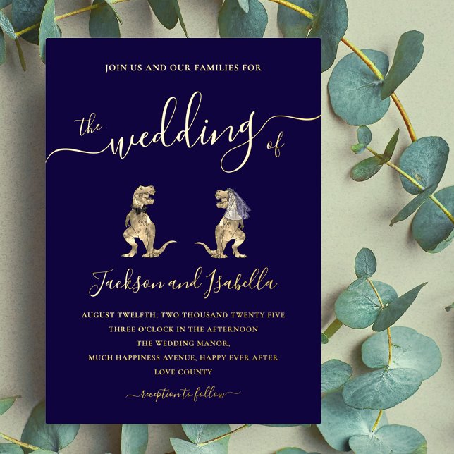 Dinosaur wedding T-Rex Bride and Groom Blue Gold (Dinosaur wedding t-Rex bride and groom navy blue and elegant gold foil script wedding invitation )