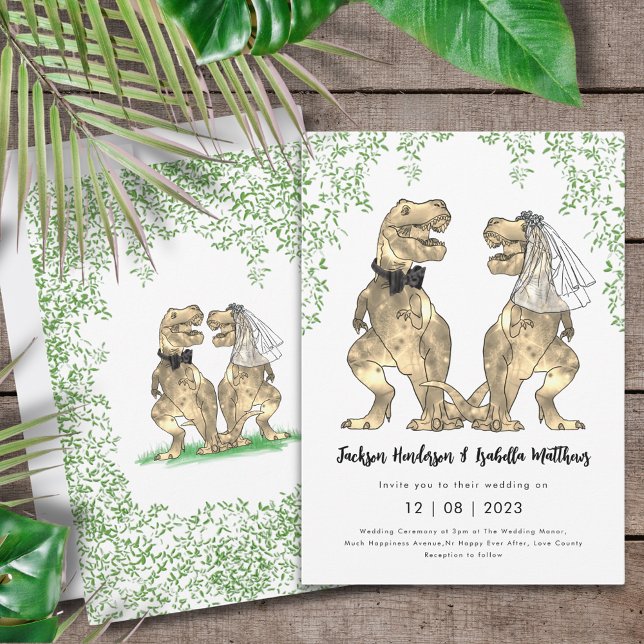 Dinosaur Wedding T-Rex Bride and Groom Invitation (T-Rex bride and groom dinosaur wedding invitation)