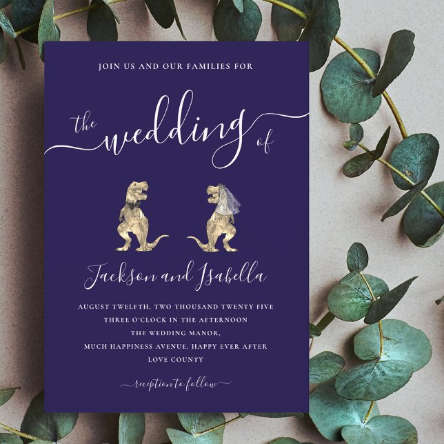 Dinosaur Wedding T-Rex Bride and Groom Invitation (Dinosaur wedding t-Rex bride and groom navy blue and elegant white script wedding invitation )